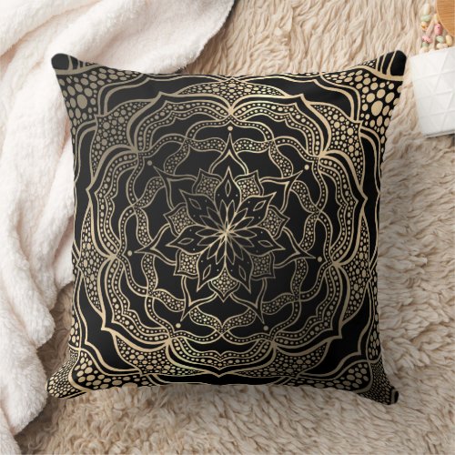 Black  Gold Floral Mandala Beautiful Stylish Chic Throw Pillow