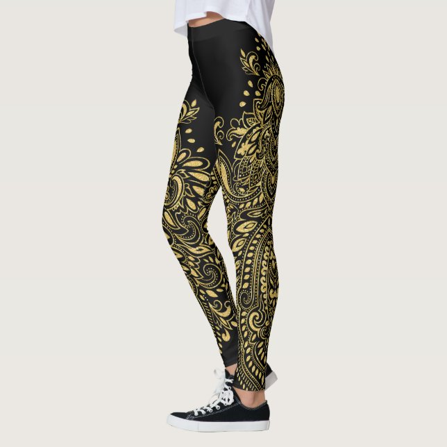 Black & Gold Floral Mandala Ornament Leggings (Left)