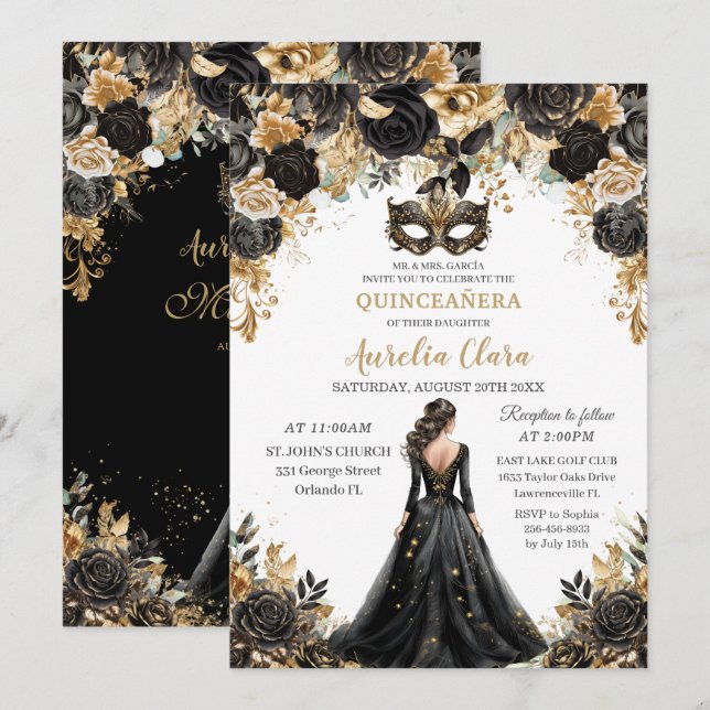 Black Gold Floral Masquerade Ball Quinceañera Invitation (Front/Back)