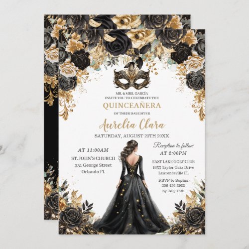 Black Gold Floral Masquerade Ball Quinceaera Invitation