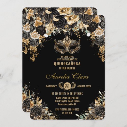 Black Gold Floral Masquerade Ball Quinceaera Invitation