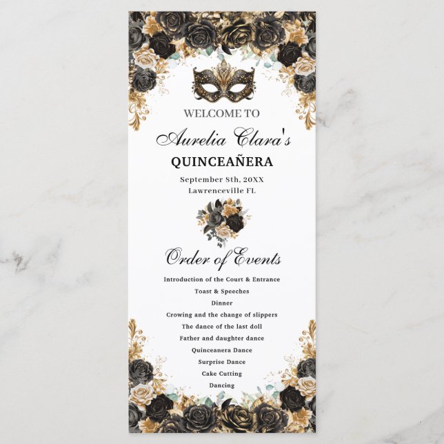 Black Gold Floral Masquerade Mask Quinceañera  Program (Front)
