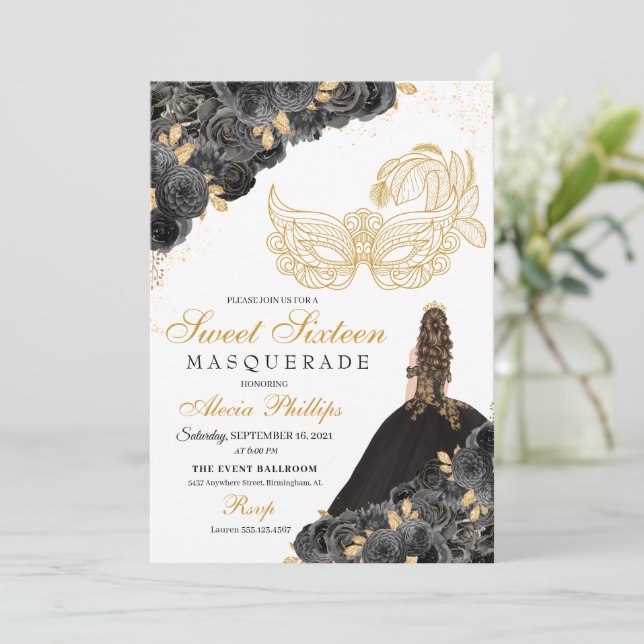 Black & Gold Floral Masquerade Sweet 16 Invitation (Standing Front)