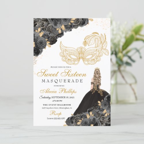 Black  Gold Floral Masquerade Sweet 16 Invitation