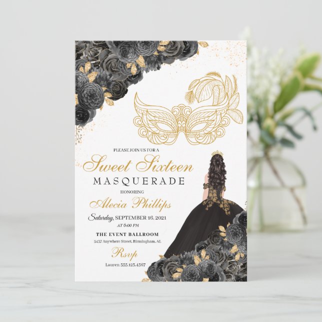 Black & Gold Floral Masquerade Sweet 16 Invitation (Standing Front)