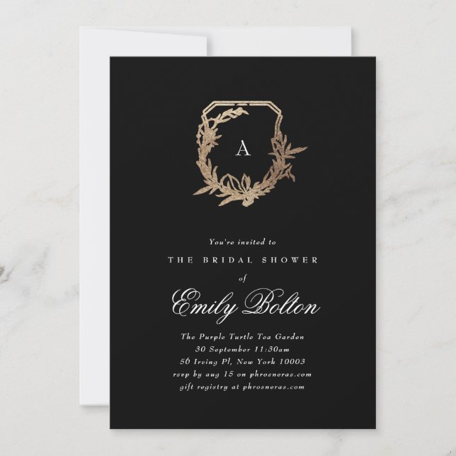 black & gold floral monogram crest bridal shower invitation (Front)