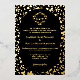 Black & Gold Floral Monogram Elegant Luxe wedding Foil Invitation
