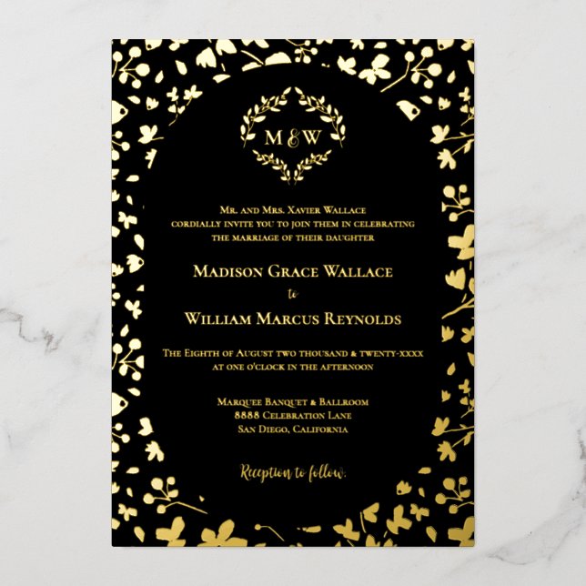 Black & Gold Floral Monogram Elegant Luxe wedding Foil Invitation (Front)
