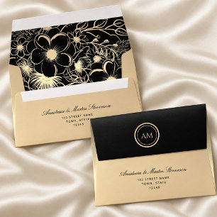 Black Gold Floral Monogram Wedding Envelope