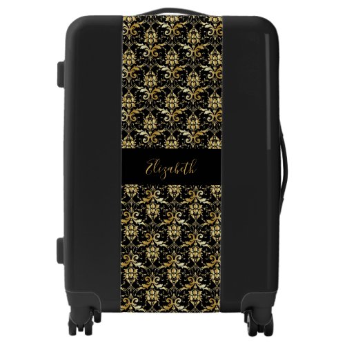 Black gold floral pattern elegant name luggage