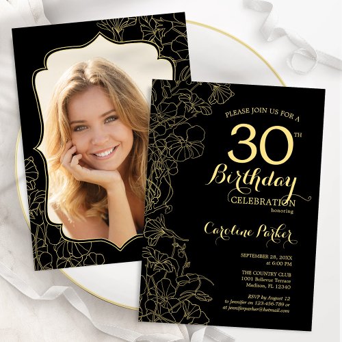 Black Gold Floral Photo 30th Birthday Party Invitation