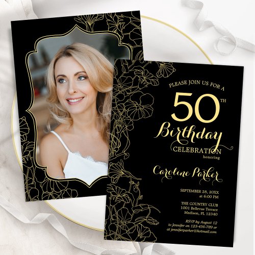 Black Gold Floral Photo 50th Birthday Party Invitation