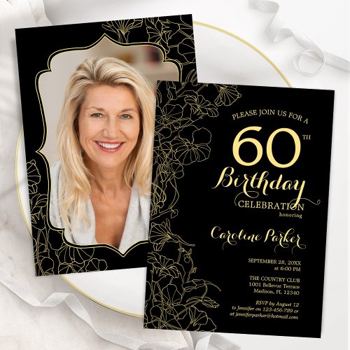 Black Gold Floral Photo 60th Birthday Party Invitation