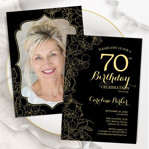 Black Gold Floral Photo 70th Birthday Party Invitation