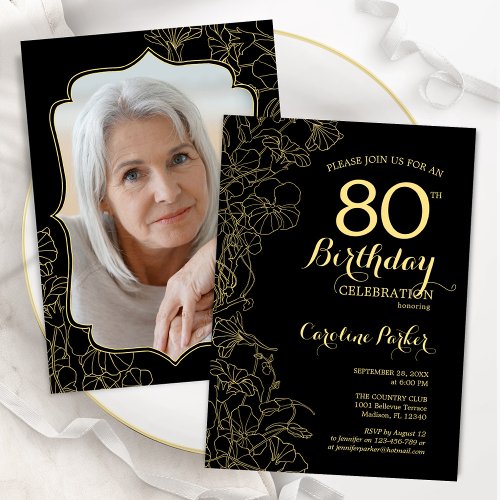 Black Gold Floral Photo 80th Birthday Party Invitation