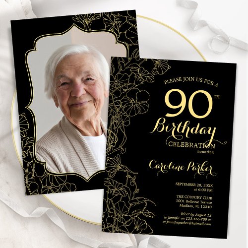 Black Gold Floral Photo 90th Birthday Party Invitation