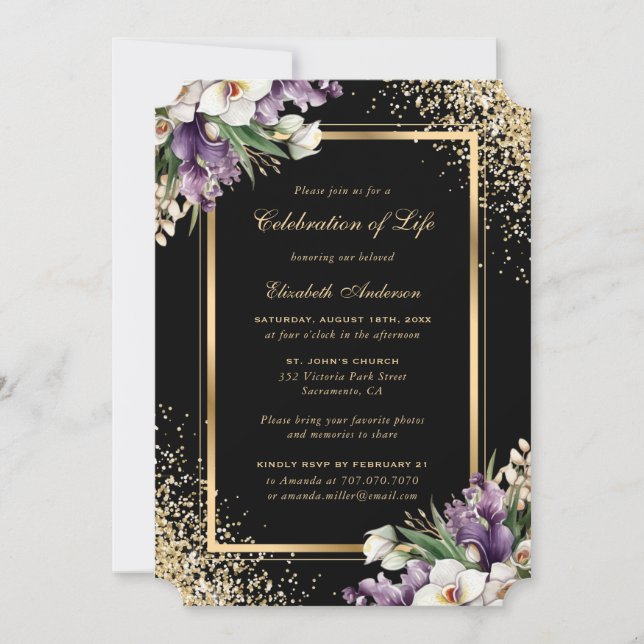 Black Gold Floral Photo Celebration of Life Invitation (Front)