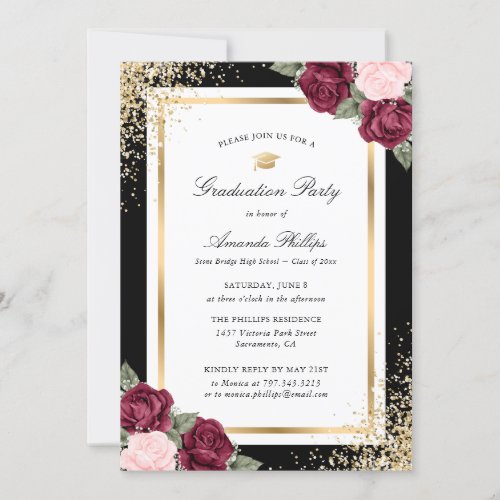 Black Gold Floral Photo Graduation Party Invitation