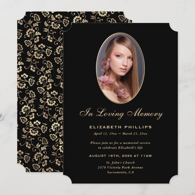 Black Gold Floral Photo Memorial In Loving Memory Invitation (Front/Back)