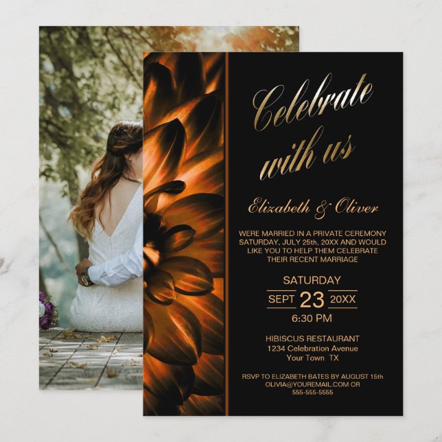 Black Gold Floral Photo Wedding Reception Invitation (Front/Back)