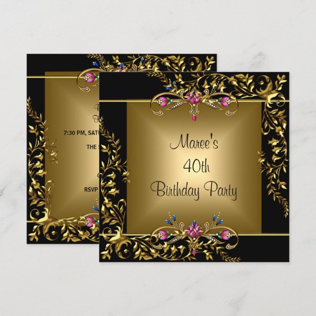 Black Gold Floral Pink 40th Birthday Party Invitation (Front/Back)