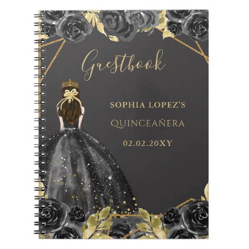Black Gold Floral Princess Quinceanera Guest Book