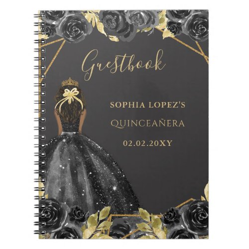 Black Gold Floral Princess Quinceanera Guest Book