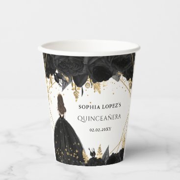 Black Gold Floral Princess Quinceanera  Paper Cups