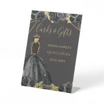 Black Gold Floral Princess Quinceanera    Pedestal Sign