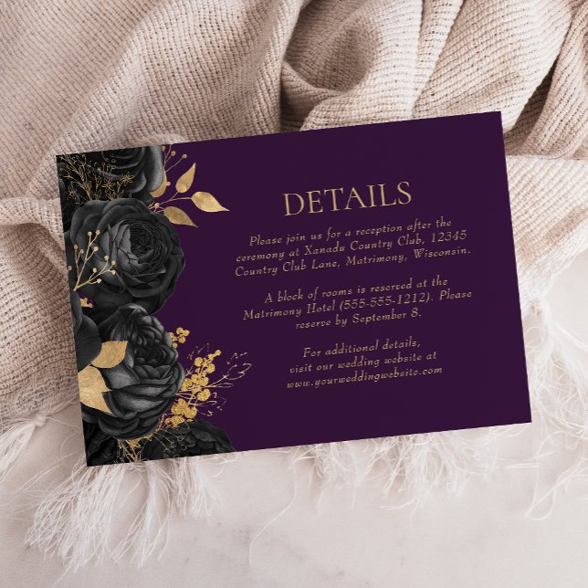 Black Gold Floral Purple Wedding Details RSVP Card (Creator Uploaded)