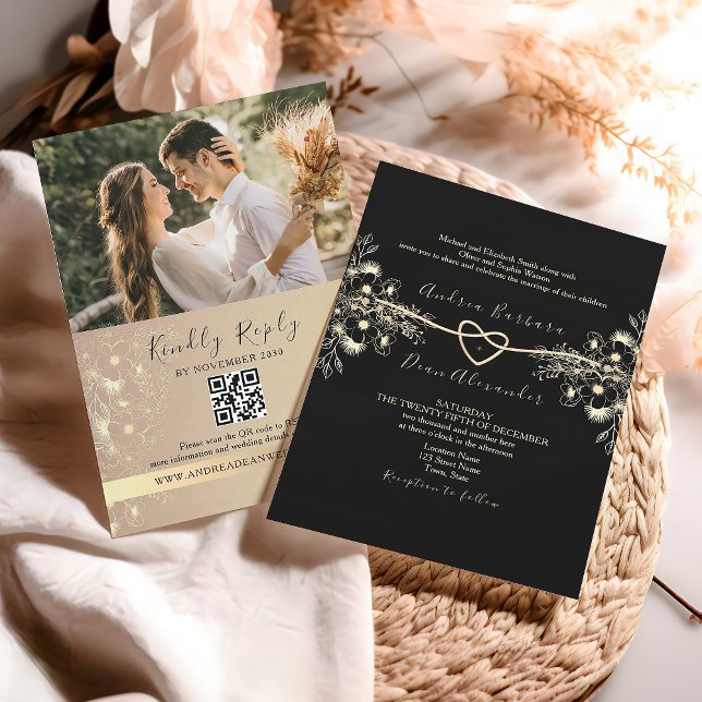 Black Gold Floral QR Code Wedding Invite (Creator Uploaded)