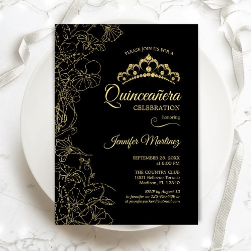 Black Gold Floral Quinceanera Party Invitation