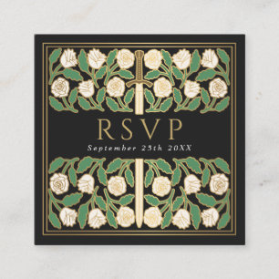 Black Gold Floral Royal Wedding RSVP QR Code Enclosure Card