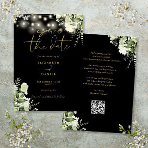 Black Gold Floral String Lights QR Code Wedding Save The Date