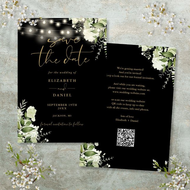 Black Gold Floral String Lights QR Code Wedding Save The Date (Black Gold Floral String Lights QR Code Wedding Save The Date)