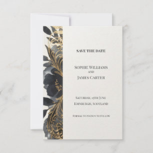 Black Gold Floral Strip Save The Date Card
