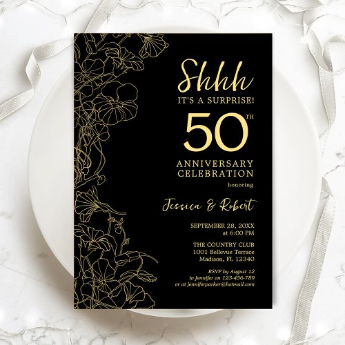 Black Gold Floral Surprise 50th Anniversary Invitation