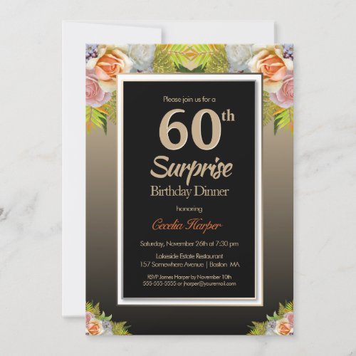 Black Gold Floral Surprise 60th Birthday Dinner Invitation