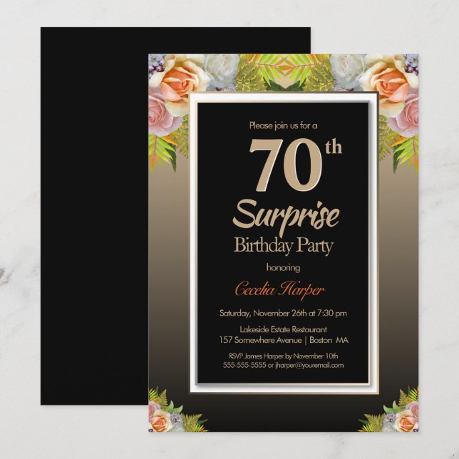 Black Gold Floral Surprise 70th Birthday Party Invitation (Front/Back)