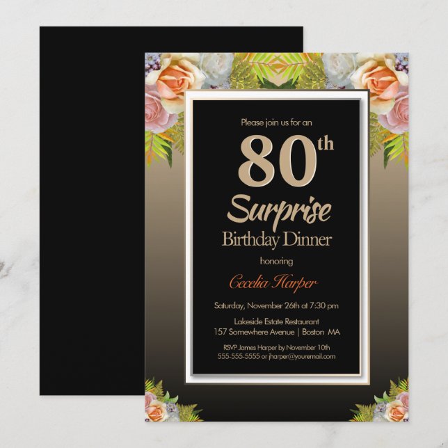 Black Gold Floral Surprise 80th Birthday Dinner Invitation (Front/Back)