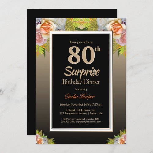 Black Gold Floral Surprise 80th Birthday Dinner Invitation