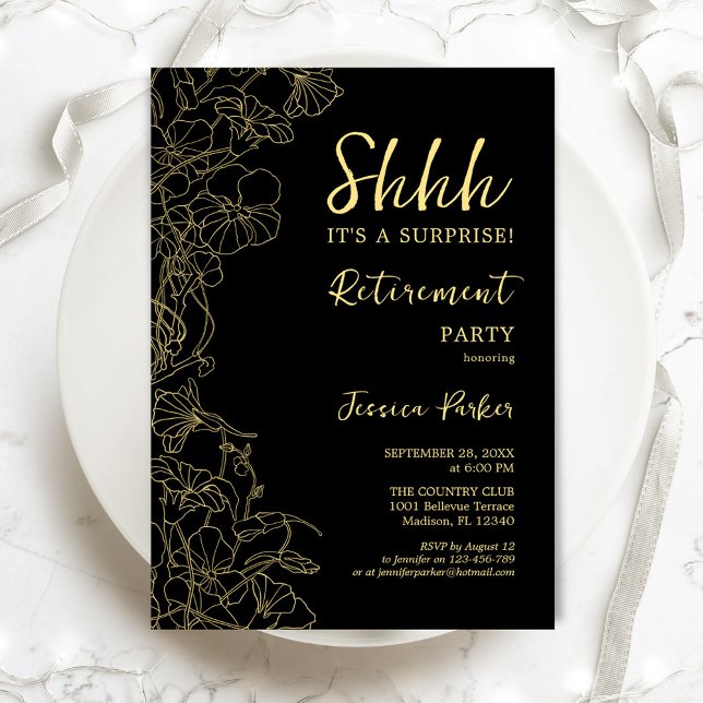 Black Gold Floral Surprise Retirement Party Invitation (Creator Uploaded)