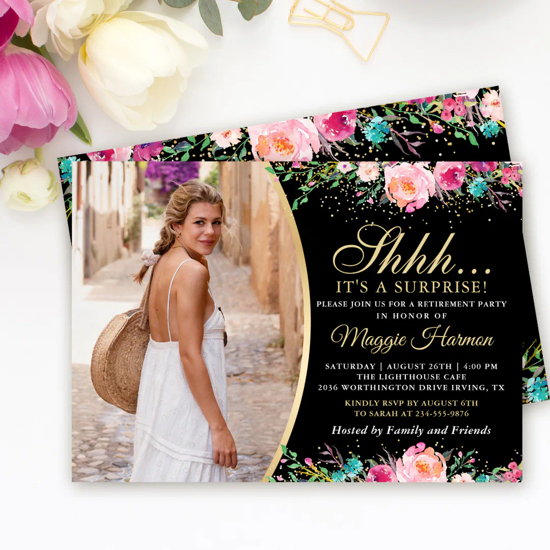 Black Gold Floral Surprise Retirement Party Photo Invitation (Creator Uploaded)