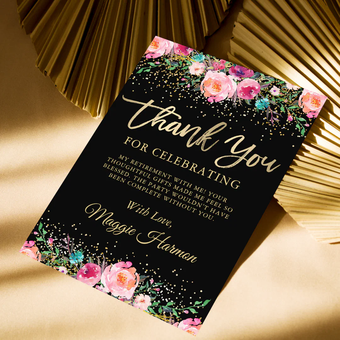 Black Gold Floral Surprise Retirement Party Thank You Card (Creator Uploaded)