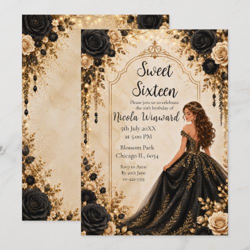 Black Gold Floral Sweet Sixteen Party Invitation