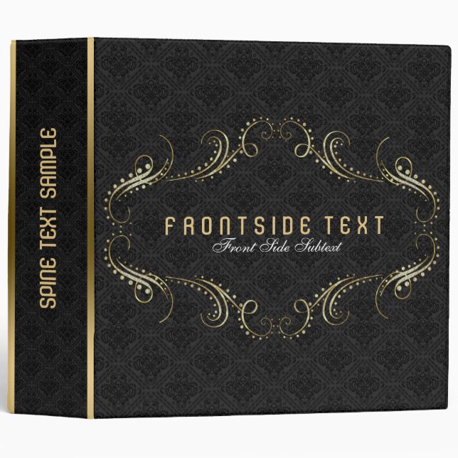 Black & Gold Floral Swirls Frame 2 3 Ring Binder (Front/Spine)