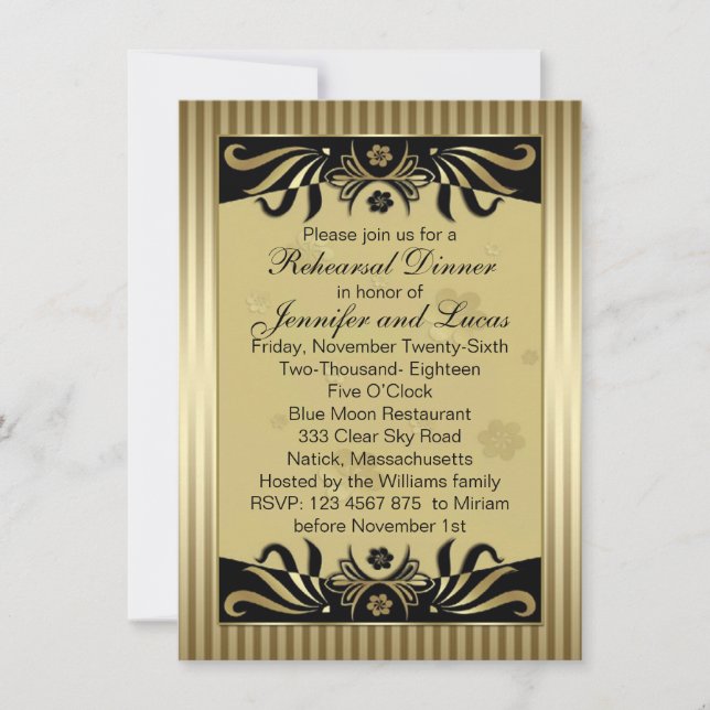 Black gold floral swirls Rehearsal Dinner Invitation (Front)