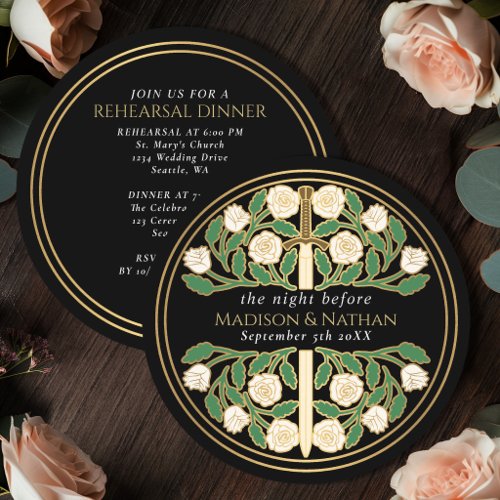 Black Gold Floral Sword Royal Wedding Rehearsal  Invitation