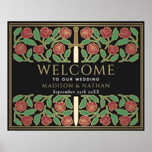 Black Gold Floral Sword Royal Wedding Welcome Sign