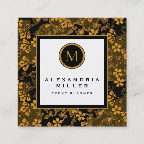 Black  Gold Floral Tapestry  Monogram Medallion Square Business Card